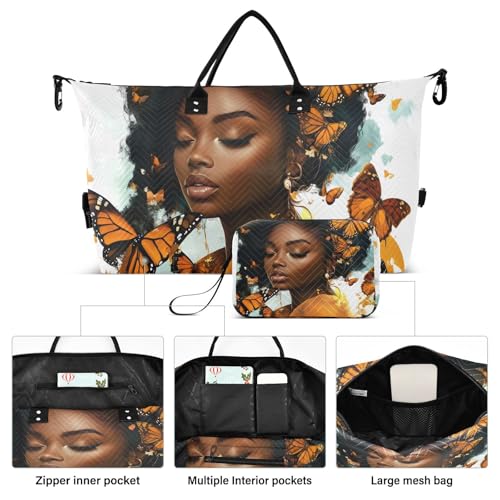 Afro Woman Butterflies Travel Duffel Bag Gym Bag Sports Tote Bag with Multiple Interior Pockets Shoulder Weekender Bag for Women Men with Toiletry Bag 20.5”x 7.9”x 13.8”2