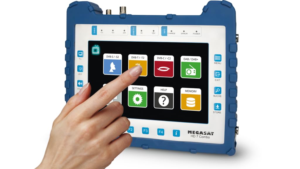 Megasat HD 7 Combo – Misuratore (per DVB-S, DVB-S2, DVB-T, DVB-T2, DVB-C, DAB+, Live-TV Bild, Unicable, display a colori da 8,9", batteria, lampada)