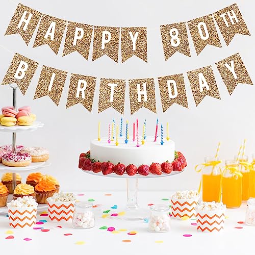 Image of Pre-Strung Happy 80th Birthday Banner - Gold Glitter Birthday Banner