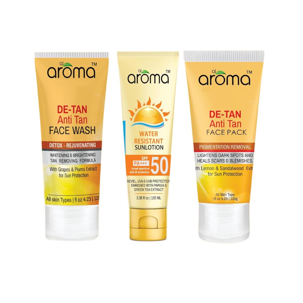 Alaroma De-Tan Skincare Combo | Face Pack 120g + Face Wash 120g + Sunscreen SPF 50 PA+++ 100ml | Tan Removal, Brightening & Sun Protection Kit | For All Skin Types-picture-51