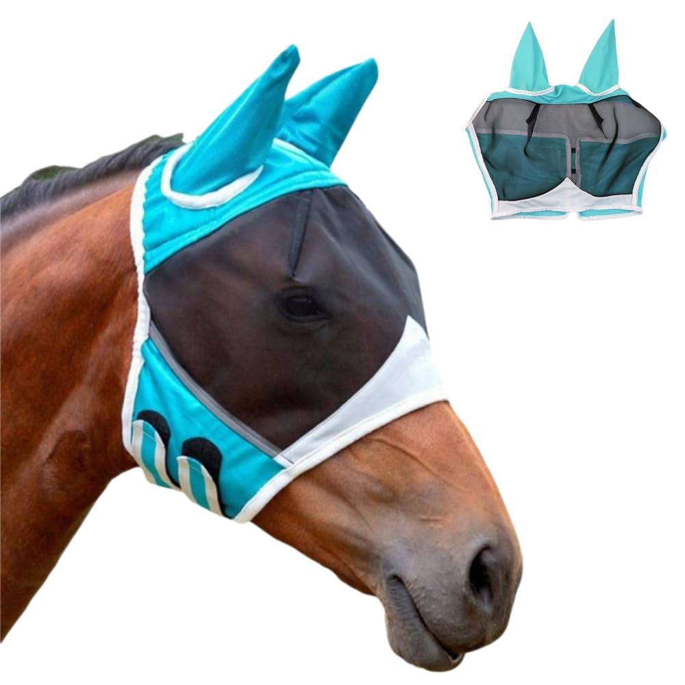GYWHOOFT Blue Size L Horse Fly Mask, UV Protection, Super Comfort Stretchy, Fly Mask with Ear Protection, Horse Hood