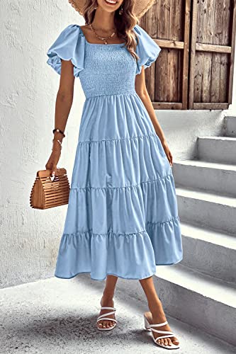 Prettygarden Women's Casual Summer Midi Dress Puffy Short Sleeve Square Neck Smocked Tiered Ruffle Dresses (Light Blue,Medium) #TOP4