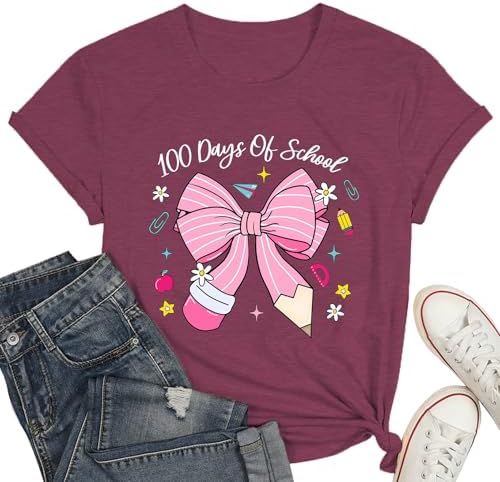 100 Days Shirt for Women-Bow Pencil Teacher T-Shirt Back to School Happy 100 Days Top Tee Teaching Life Tee