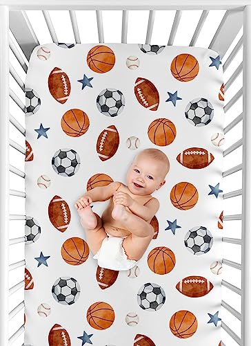 Image of Sweet Jojo Designs Fitted Baby Crib Sheets (Vintage Sports Theme) for Boys, Infant Nursery, Toddler Room - Standard Size (Watercolor, Sport Themed, Soccer Balls, Football, Baseball, Basketball, Stars)
