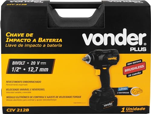 Vonder Plus, Chave de Impacto, Bateria 20 V, Encaixe de 1/2'', Carregador Bivolt, CIV 212B.