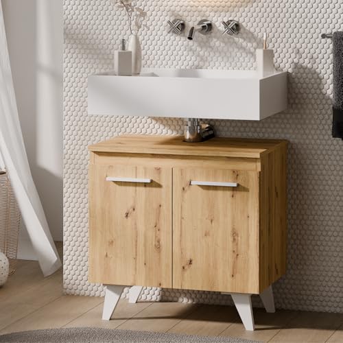 Planetmöbel Merkur Waschbeckenunterschrank 60 cm, Unterschrank, Waschtischunterschrank, Badezimmerschrank für Gäste WC & Bad, Artizan Eiche