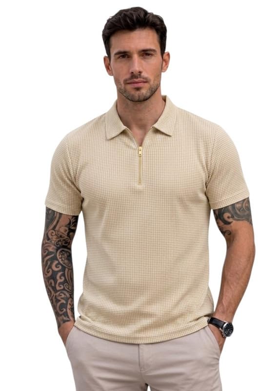 Men's Quarter Zip Polo T-Shirt, Short Sleeve, Textured Pattern, Casual Style-picture-31