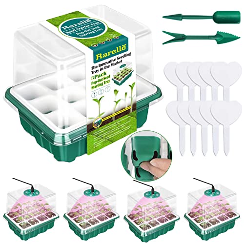 Rarello 5 Packs Seed Starter Tray with Grow Light,Reusable Pop-Out Seed Starter Kit,60 Cells Seedling Starter Trays with Humidity Domes,Indoor Gardening Plant Germination Trays for Seeds Starting