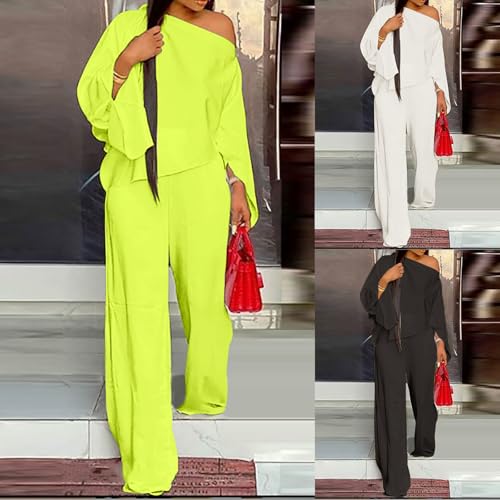 HGps8w Women's Dressy Satin 2 Piece Outfits Off The Shoulder Long Sleeve Blouses Fall Loose Business Going Out Pants Suits2