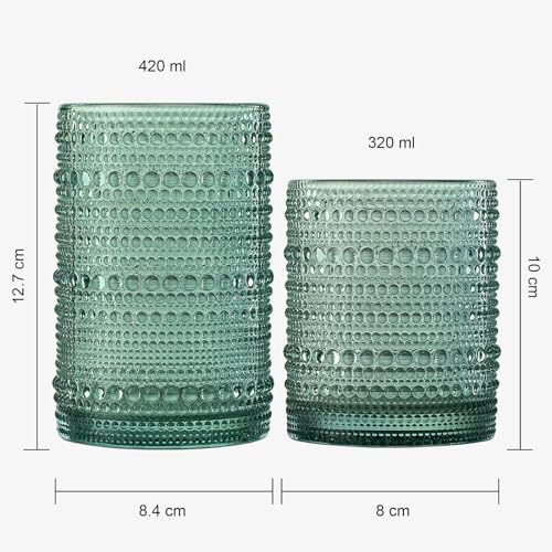 Image of Khen Hobnail Beaded Highball Drinking Tumbler Glasses | Set of 12 | Color, Vintage Bubble Design Whiskey Glassware, Old-Fashioned, Embossed Design for Water, Wine, Cocktail Embossed, Rocks Glass