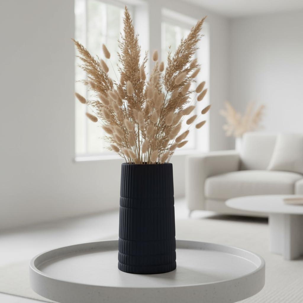 PUREZENTO Black 'BlushGroove' Ceramic Ribbed Vase - 5 Inch (Pack of 1) | Decorative Ribbed Vase for Dried Flowers & Pampas Grass | Centerpiece Vases for Modern Home Decor, Living Room, Office Decor-picture-27