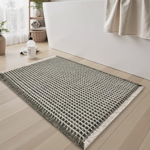 Image of HomeCloud Waffle Bath Mat, Super Absorbent Non Slip Mats for Bathroom Floor, Machine Washable Bathroom Rugs with Tassels,Ultra Soft (White Green)