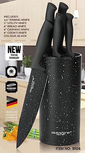 BlacStone Kitchen Knife Set - Chef Kitchen Knife Set with Block - High Grade Blades, Marble Effect Coating, Knives Set, Knives Sets, Sharp Knife Set (Black, Set of 5)