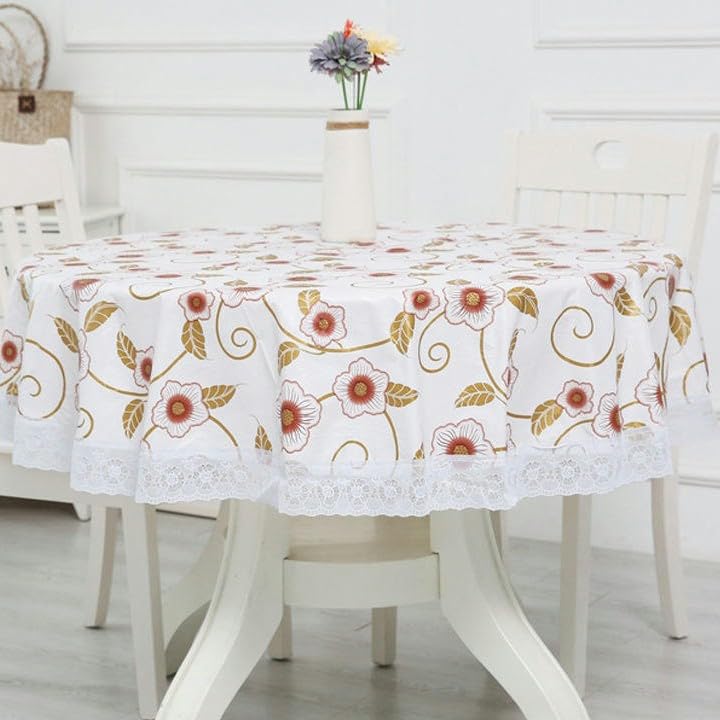 XJHWD Dia 150-220CM Ruffle Lace Large Round Pvc Table Cloth Wipe Clean Pvc Table Cloth Round Table For Circular Table Home Tablecloth Waterproof