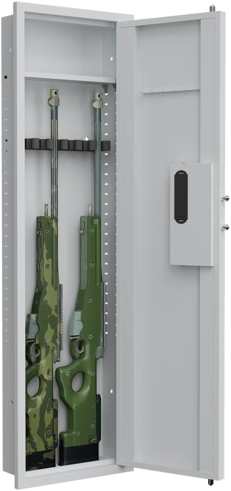 53" Fingerprint Touch Panel Safe Heavy-Duty Steel Hidden Wall Gun Safe with Adjustable Shelves, Multifunctional Storage for Firearms & Valuables, Retractable Handle, 16” Stud Center Fit (White)