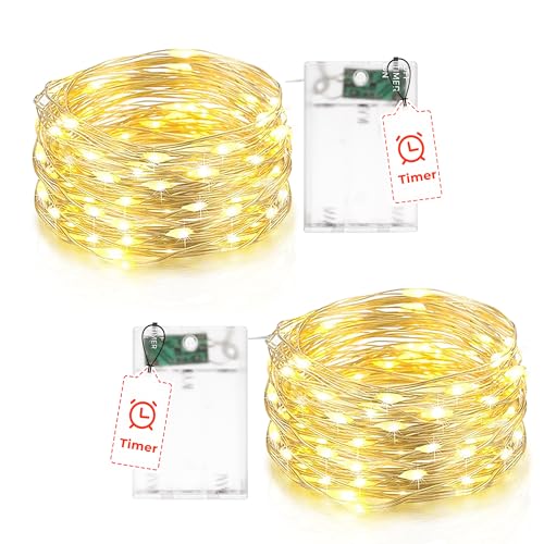 Flaspar Catena luminosa a LED a batteria con timer, 5 m, 50 LED, filo di rame, per interni, funzionamento a batteria, per feste, Natale, Halloween, matrimoni, decorazione bianca calda, 2 pezzi