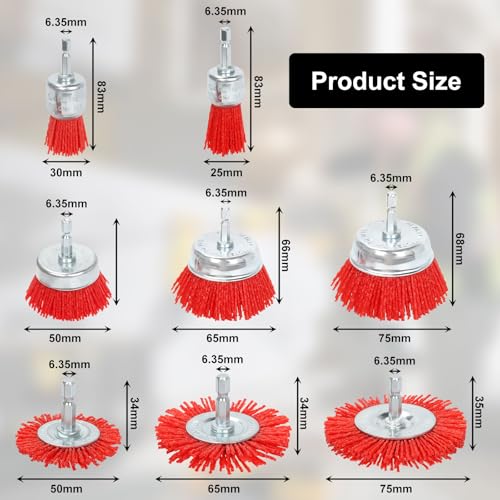 Image of 8 Pack Nylon Filament Abrasive Wire Brush Wheel & Cup Brush Set with 1 /4 Inch Hex Shank, 5 Sizes Nylon Drill Brush Set for Steel Rust Removing, Grill Cleaning, Flaking Paint Refinishing