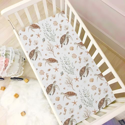 Image of Burbuja Ocean Turtle Crib Sheet for Boys Girls, Fitted Crib Sheet 28 x 52 in for Standard Crib & Toddler Bed Mattresses, Soft & Breathable