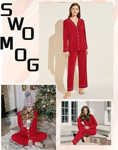 Image of SWOMOG Womens Pajamas Set Long Sleeve Sleepwear Button Down Nightwear Soft Cotton Pj Lounge Sets