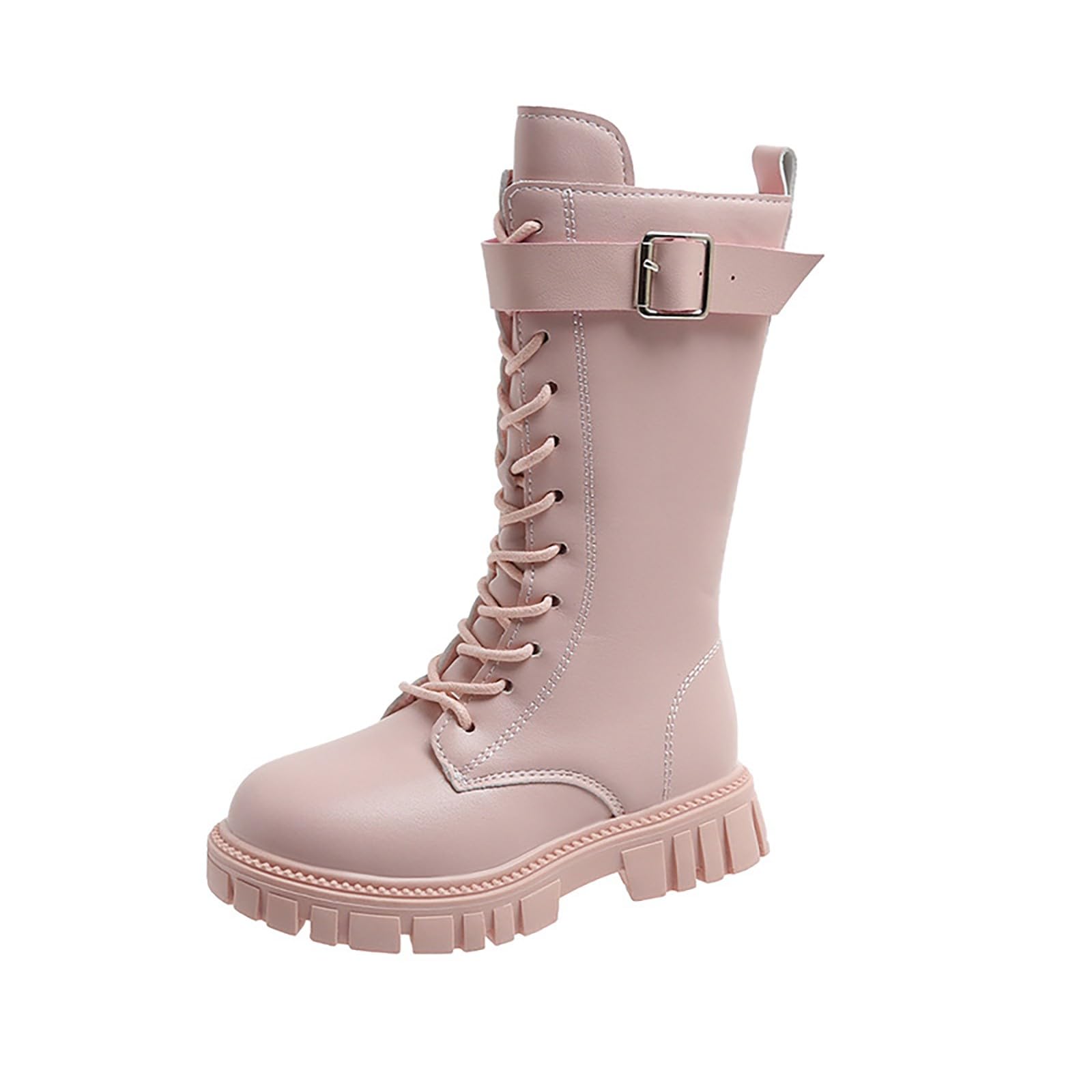 Girls Lace Up Riding Boots Mid Calf Combat Boots Fashion Waterproof PU Leather Side Zipper Punk Goth Boot 4-12.5 Years