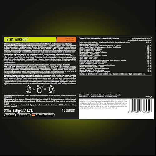 ESN Intra Workout, 750g, 15 Portionen, Peach Iced Tea, mit essentiellen Aminosäuren, Elektrolyten und Cyclic Dextrin, made in Germany