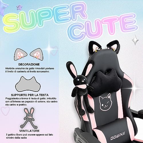 Sedia Gaming Rosa Ergonomica Cute Cat Version - Sedia da Ufficio Ergonomica con Schienale Alto e Supporto Lombare Massaggiante, Ecopelle, Poggiapiedi, Nero - Sedia gaming - Immagine 3