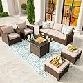 SUNSHINE VALLEY Patio Furniture Set Outdoor Furniture Brown Wicker Rattan Patio Conversation Sets with Cushion Outside Sofa Set,5 Pieces with Firepit Table,7 Seats,Beige