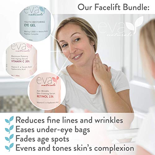 Eva Naturals Facelift in a Bottle - 3-in-1 Anti-Aging Set with Retinol Serum, Vitamin C Serum and Eye Gel - Formulated to Reduce Wrinkles, Fade Dark Spots and Treat Under-Eye Bags - Premium Quality