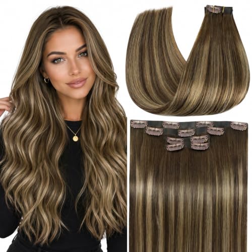 Image of Full Shine Invisible Clip in Hair Extensions, Balayage Brown to Blonde 4Pcs