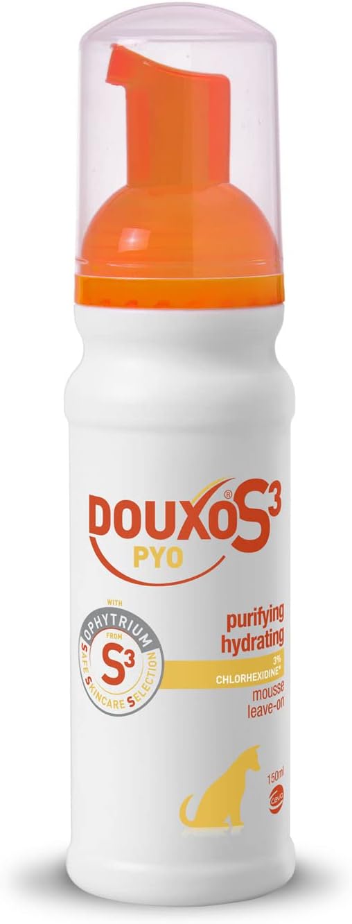 PYO Mousse, Waterless Antibacterial & Anti-Yeast Mousse, Leave-On DOUXO S3-PYO Mousse, Chlorhexidine For Dogs, No Rinse No Bath Mousse For Dogs, Hypoallergenic Fragrance, 150ml