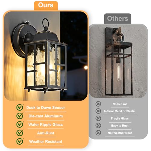 Image of OKELI 2-Pack Dusk to Dawn Outdoor Wall Lights, Weatherproof Exterior Lighting Fixture Wall Mount, Aluminum Ripple Glass Porch Light, Anti-Rust Outside Wall Sconce for House, Garage(Black&Gold-Trim)