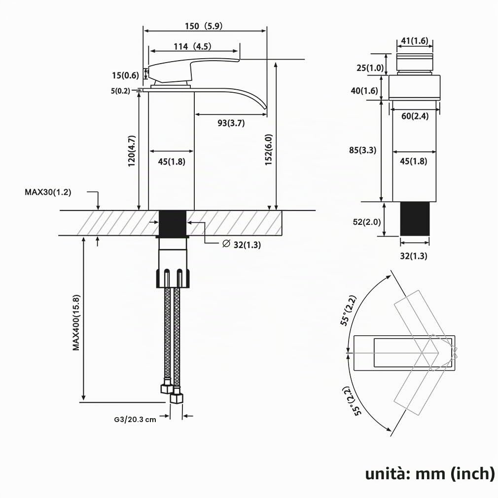 CECIPA Rubinetto Bagno Lavabo a Cascata, Miscelatore Lavabo Bagno con Altezza Bocca 8,4cm, Miscelatore Lavabo a Cascata con Acqua Calda e Fredda