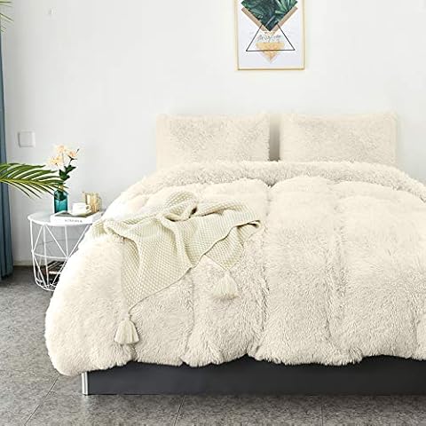 LHKIS Duvet Cover King, Off-White Velvet Duvet Cover Set, Soft Fluffy Plush Shaggy Comforter Cover Farmhouse Hotel Bedding Duvet Cover 3 Pieces Cover