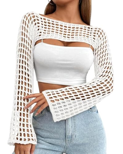 Image of Womens Crochet Crop Tops Y2k Knit Shrug Sweater Hollow Out Long Sleeve Bikini See Through Cover Ups