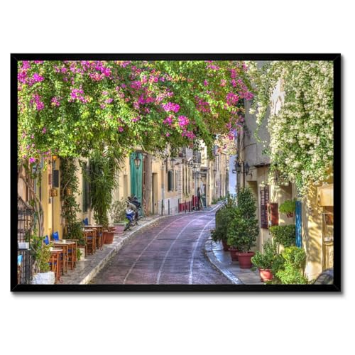 Poster rue grecque Plaka cadre blanc 70x50 cm evasion cycladique au salon