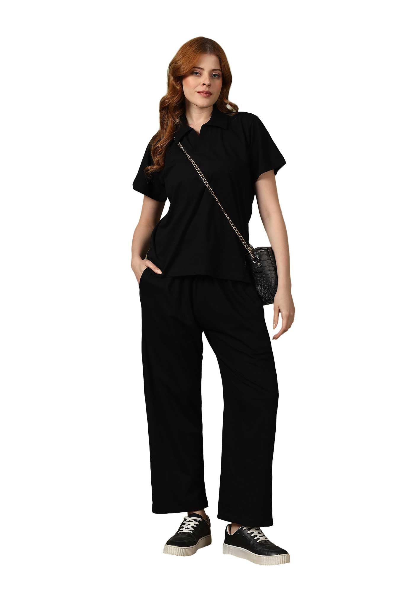 kvetoo Women Solid Co-Ord Set Cotton Lounge Wear Set Half Sleeve Polo T-Shirt & Straight Pant Casual Travel Outfit Black Size L-picture-22