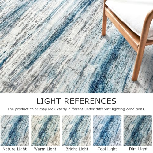 KOZYFLY Modern Abstract Kitchen Runner Rug, 2x10 Washable Rug Runner Non-Slip Soft Striped Hallway Runner Rugs, Light Blue Print Distressed Carpet Runner for Entryway Bathroom Laundry Room Foyer