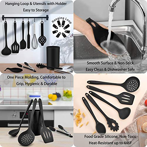 Teamfar Kitchen Utensil, 28 Pc Silicone Kitchen Cooking Baking Utensil Set For Nonstick Cookware, Spatula Holder Spoon Whisk Tuner, Heat-Resistant & Non-Stick, Non-Toxic & Dishwasher Safe- Black #TOP6