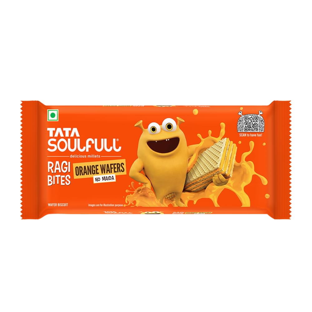 Tata Soulfull Ragi Bites Orange Wafers, No Maida, Orange Flavor, Wholesome Snack for Kids & Adults, 50g