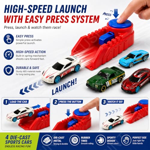 Image of PLUSPOINT Diecast Toy Cars with Catapult Launcher, 4 Pack Alloy Mini Sports Cars Set, Press & Eject Racing Track Toy, Kids Car Toys for Boys & Girls Ages 3+, Gift Playset