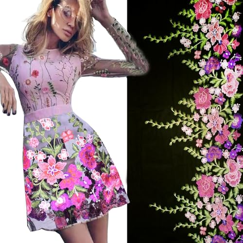 1Yard Lace Fabric Trim, 16inch Wide Embroidered Colorful Flowers Lace Trim, Part of Dress Home Party Sewing on Applique Patches for DIY Decoration (Black mesh)