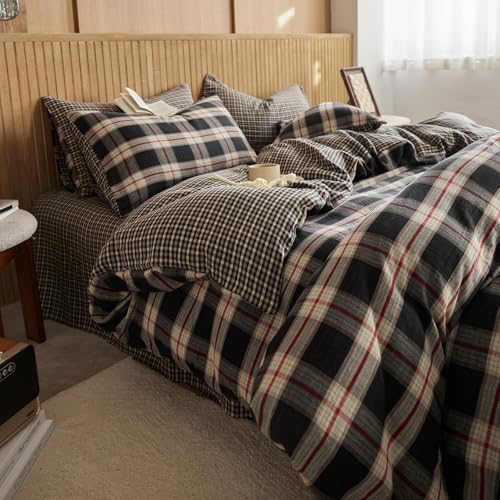 Image of EAVD Vintage Style Red&Black Plaid Duvet Cover Twin Soft 100% Cotton Muslin Retro Red Green Black Grid Checkered Plaid Bedding Set with 2 Pillowcases Reversible Gingham Duvet Cover with Zipper Closure