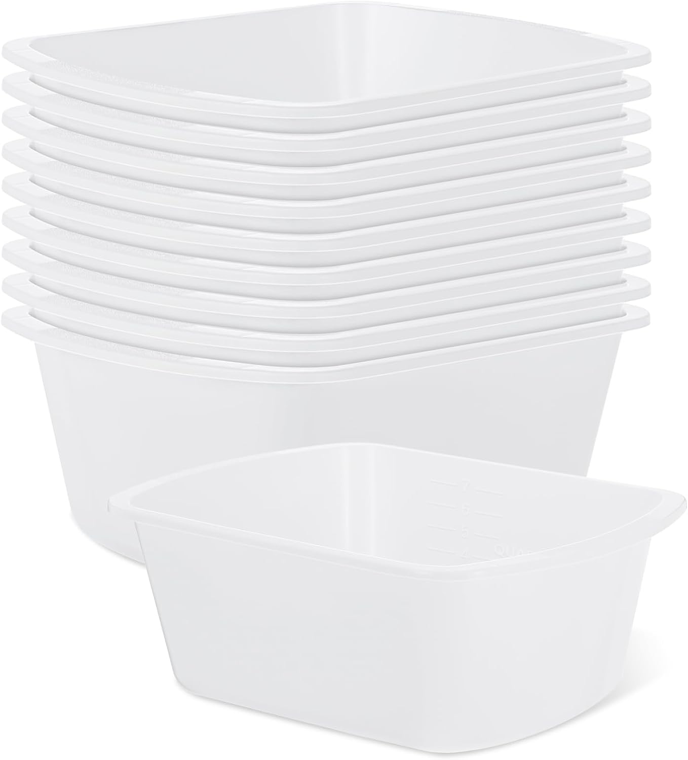 10 Pack Rectangular Plastic Wash Basins, 9 Quart, Graduated Markings, White Portable Multi Purpose Soaking Tubs for Hospital Bedside Care Foot Bath Hand Laundry Dish Washing and Facial Cleansing