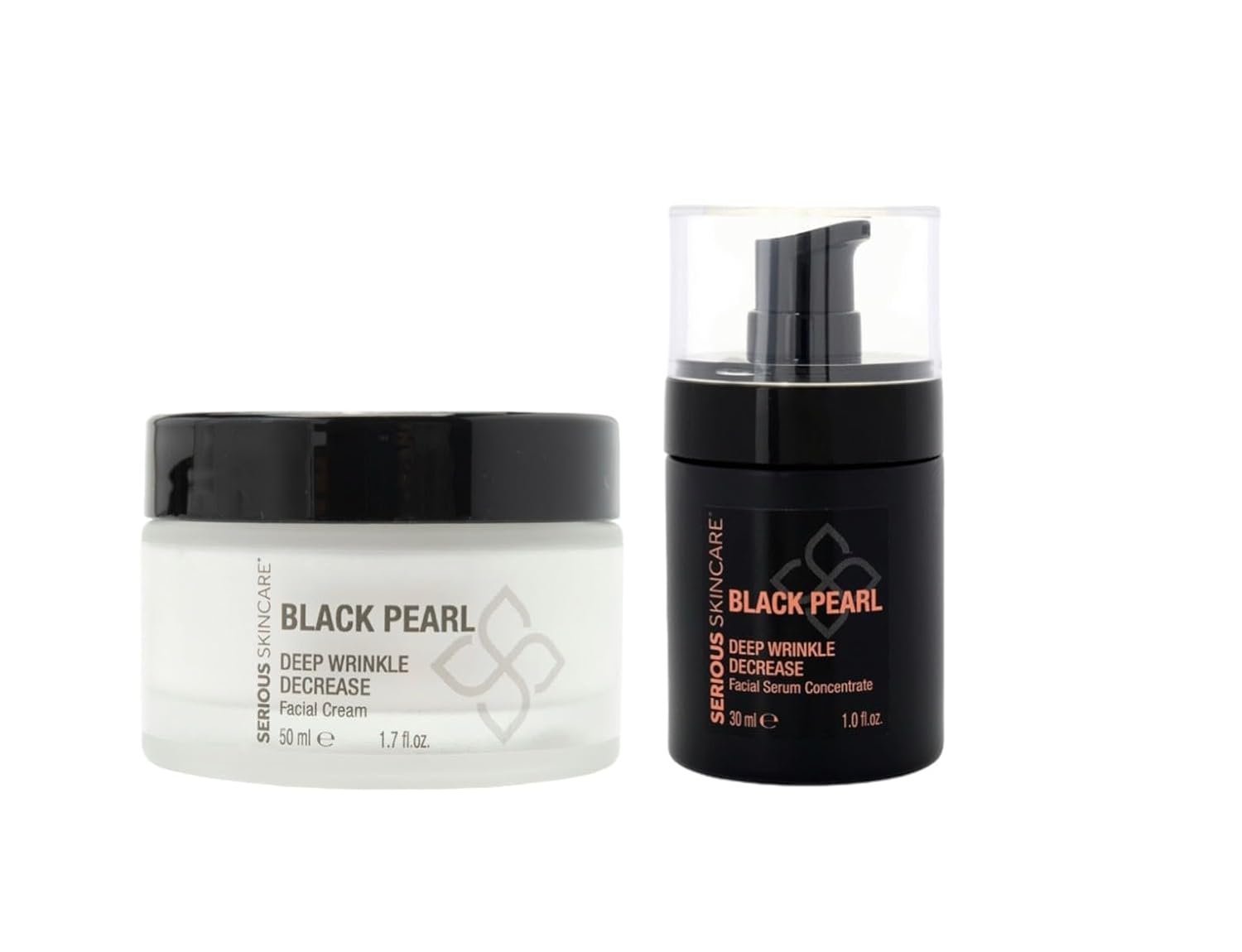 Black Pearl Deep Wrinkle Decrease Face and Neck Skin Moisturizing Duo - Facial Cream 1.7 oz and Treatment Serum for Face 1 oz - Hydrate, Brightening, Long Term Repair