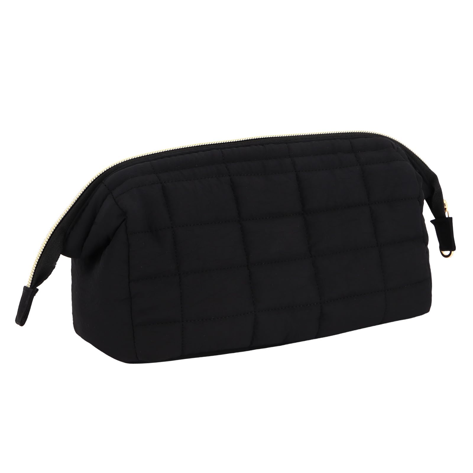 Black Quilted Grid Makeup Bag - Large Capacity Puffy Cosmetic Pouch with Gold Zipper, Portable Travel Toiletry Bag for Women, Soft Cloud Makeup Organizer for Skincare and Beauty Essentials-picture-31