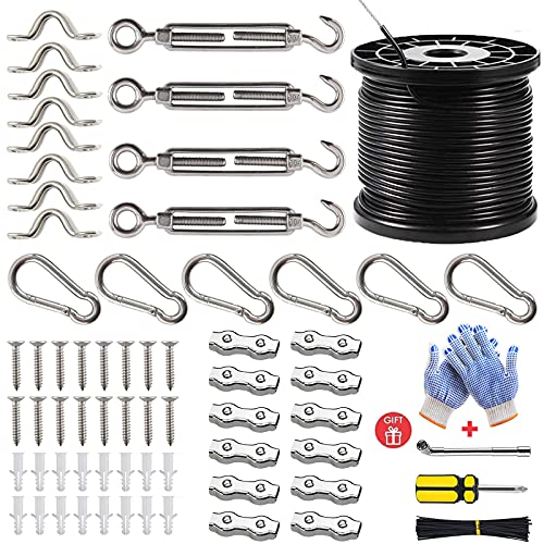 String Light Hanging Kit, graffitimaster Globe String Lights Suspension Wire for Outdoor String Lights, Cafe Light Hanging Kit with Turnbuckle and Hooks, 200FT Nylon-Coated Stainless Steel Cable.