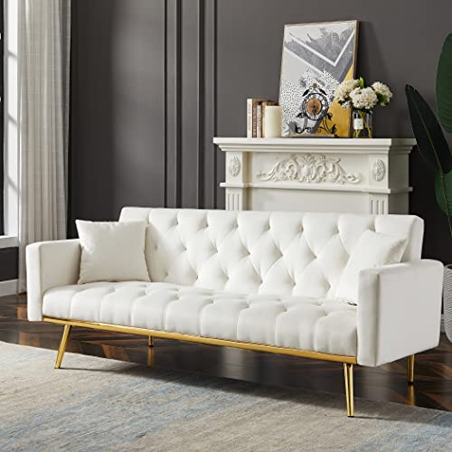 Dnchuan Velvet Futon Sofa Bed,3 Seater/Plus-Loveseat Sleeper Sofa,Button Tufted With 2 Pillows And Gold Metal Legs, Easy Assembly-Off White #TOP27