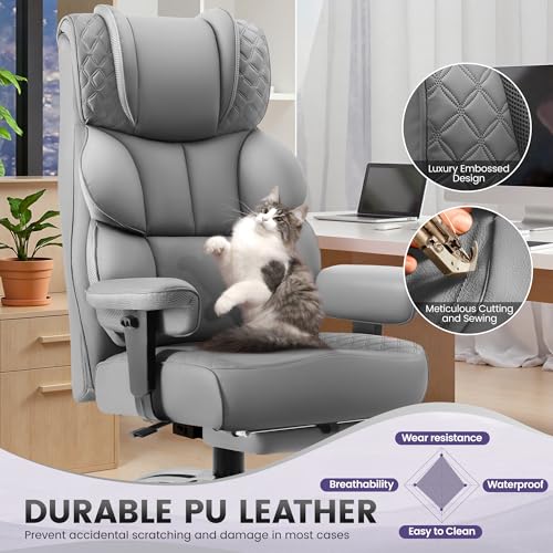 Image of BestGlory Office Desk Chair, Big and Tall Leather Gaming Chair with Footrest, Wide Ergonomic Comfy Executive High-Back Reclining Computer Chairs, Swivel Rolling Wheels and Padded Lumbar Support, Gray