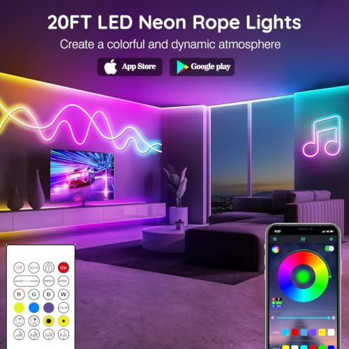 20Ft Neon Rope Lights,Flexible Led Rope Lights Control with App/Remote,Multiple Modes Rope Lights,IP65 Outdoor RGB Led Neon Lights Waterproof,Music Sync Gaming Led Neon Light Strip for Bedroom Decor by LETIANPAI - Used condition - US$23.74