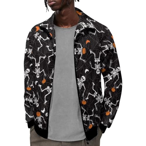 Psaytomey Men's Jacket Pullover Mock Neck Shirts Full Zip Sweatshirts Skull Pumpkin Printed Long Sleeve Running Athletic Workout Coat Jackets for Men Loose Fit